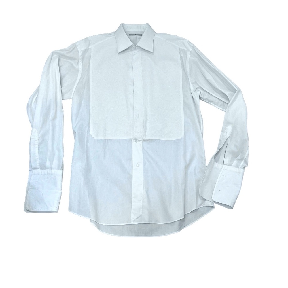 ERMENEGILDO ZEGNA WHITE COTTON TEXTURED BIB FRENCH CUFF FORMAL TUXEDO SHIRT